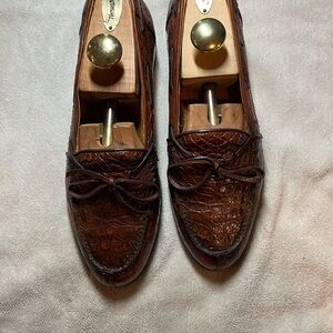 Zelli Genuine Crocodile Brown Leather Slip-On Loafers with Moccasin Stitching